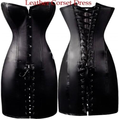 Sexy Lingerie Sets Women Faux Leather&Lace Burlesque Steampunk Corset Dress Waist Gothic Bustier Corpet Plus Size show girl