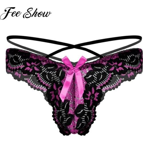 Gay Men Hollow Out Floral Lace Sissy Panties Underpants Bowknot G-string Briefs Low Waist T-back Thongs Exotic Briefs Underwear