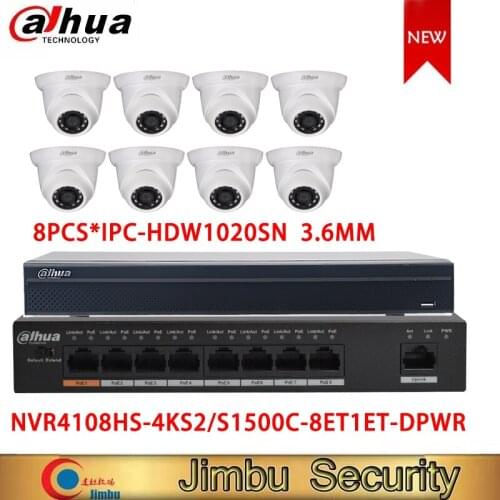 Dahua NVR Kit 8CH 4K Video Recorder NVR4108HS-4KS2&Dahua POE Switch 8 port 1MP IP Camera 8pcs IPC-HDW1020S 3.6mm No Logo