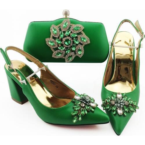 Wonderful green women shoes match bag set with crystal style african pumps and handbag for dress 18B127,heel 9CM