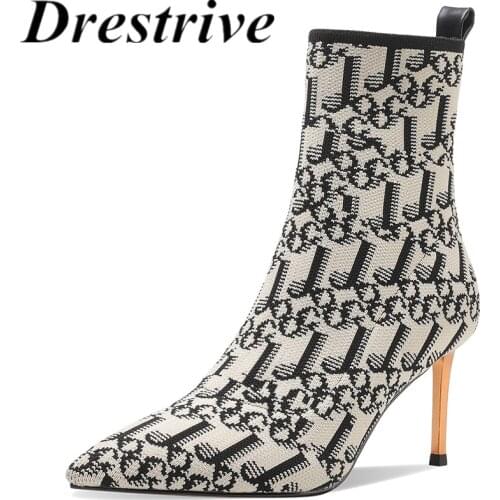 Drestrive Stretch Fabric Pointed Toe Women Aankle Boots Letters 2021 Autumn Thin High Heel Shoes Fashion Beige