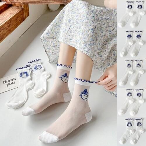 Girl Cartoon Pattern Sock Lace Kawaii Lolita Sock Transparent Invisible Silk Summer Embroidered Fashion Breathable Harajuku
