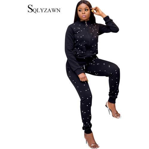 Beading Patchwork Sexy Autumn Turtleneck Long-sleeved Zipper Jacket Coat + Pencil Pants tracksuit Women 2 pieces suits Outfits
