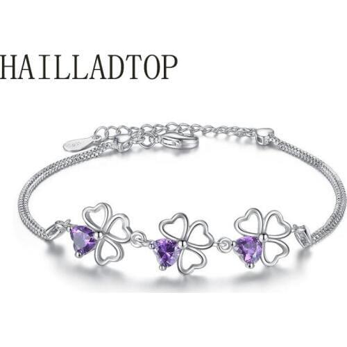 Women 's Silver Bracelet Fashion Simple Jewelry Lucky Leaves Purple High Quality Crystal Bracelet Heart-Shaped Jewelry Kids