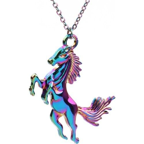 1pcs Rainbow Color Zinc Alloy Running horse Necklace women Female jewelry Collar free Stainless steel chain 20