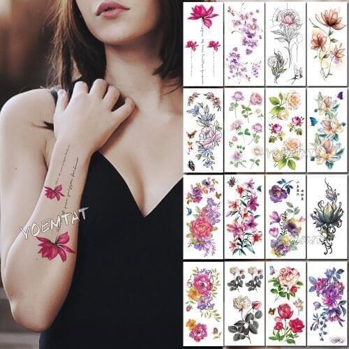 1 piece Dark pink simple line text Fake temporary tattoo stickers rose flowers arm shoulder tatoo waterproof women flash tatto
