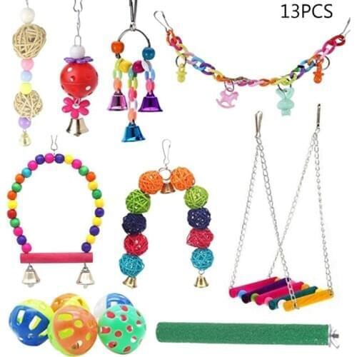 13Pcs Parrot Swing Wooden Perch Foot Grinding Stick Chewing Rattan Ball Hanging Bell Bird Cage Toys