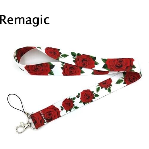 20pcs Rose flowers Neck Strap Lanyard keychain Mobile Phone Strap ID Badge Holder Rope Key Chain Keyrings cosplay Accessories