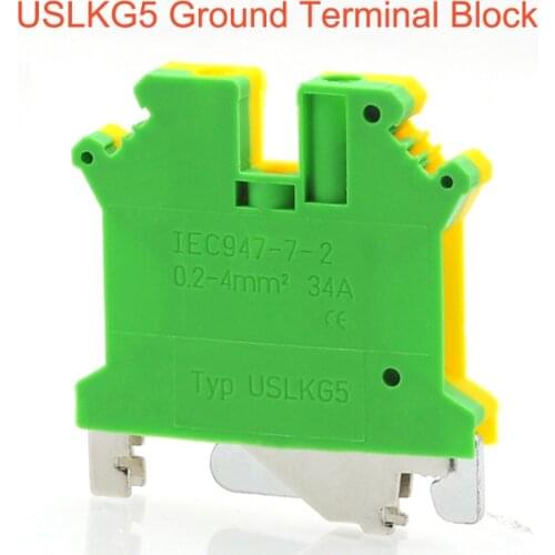5Pcs Ground Terminal Blocks USLKG5 DIN Rail Screw Bornier UK-5N Yellow Green Earthing Morsettiera Connector 12AWG 4mm²