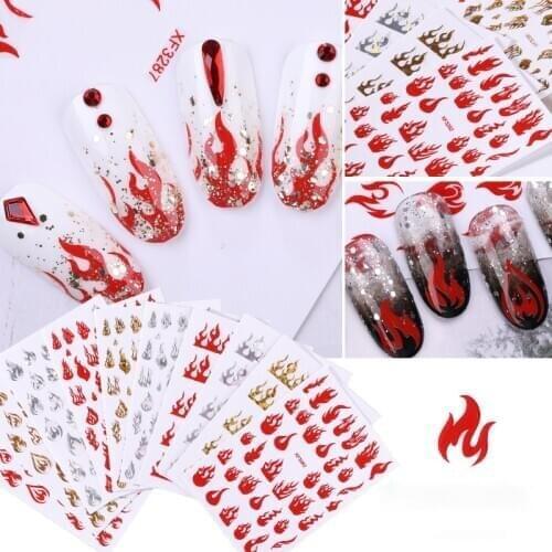 5PC Laser Gold Silver Fire Nail Art Sticker Decoration Decal for Nails Manicure Red Blue Flame Design Back Glue Decals Stickers
