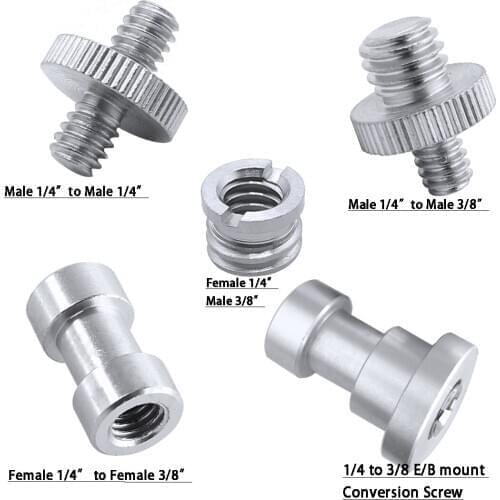 5 in 1 Durable Male Female Screw Adapter 1/4" 3/8" Thread E/B Mount Set for Camera Tripod Flash Light Stand Converter Screws