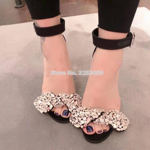 ALMUDENA Black Red Pink Bling Bling Crystal Bowtie Wedding Shoes Satin Cloth Stiletto Heels Butterfly-knot Rhinestone Sandals
