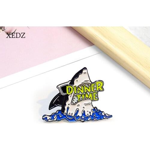 XEDZ Cartoon Horror Sea Animal Shark Enamel Brooch Fashion Blue Sea Water Shark Dangerous Moment Badge Jewelry Gift For Friends