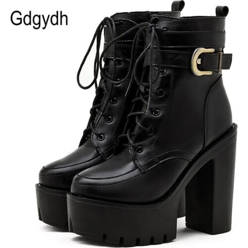 Gdgydh Lace-up Platform Heels Boots Fashion Buckle Extreme High Heels Sexy Fetish Boots Soft Leather Black Nigh Club Shoes