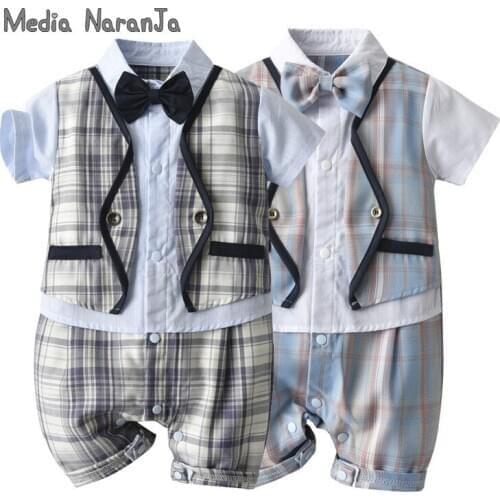 Summer Childrens Gift Clothing Boys Romper Gentleman Short-Sleeved Plaid Fake Two-Piece One-Piece Suit bow tie wedding clothes