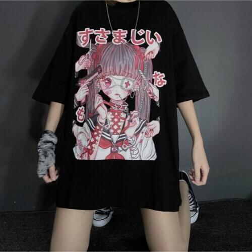 Mazefeng 2020 New Dark Cartoon T-shirt Print Gothic Streetwear Women Tops Loose Fashion Black T Shirt Cool Girl Punk Loose S-4XL