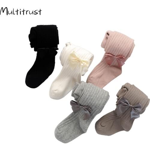 Cute Bowknot Tights For Girls Knitted Cotton Ribbed Baby Girl Stockings Soft Breathable Children Pantyhose Suitable for 0-11 Yrs