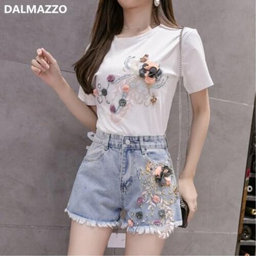 Fashion Three-Dimensional Flowers Womens Denim Shorts Suits 2021 Summer Students T-Shirt Tops + Short Pants Jeans 2 Piece Sets