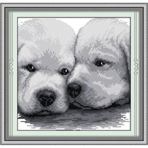 Joy Sunday Two puppies lying next to each other Cross Stitch Kit pattern Printed Chinese embroidery needlework for descorations