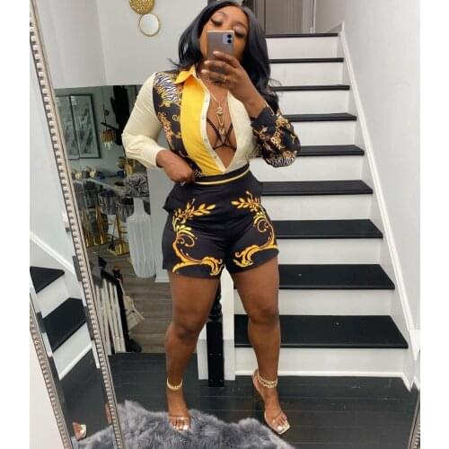 RMSFE 2021 Womens Fashion Sexy Positioning Printing Cardigan Single Breasted Long Sleeve Shirt + Shorts Two Piece Set