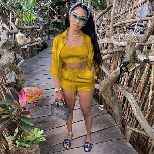 Sexy Satin 3 Piece Set Ruffle Strapless Crop Top Sleeve Coat Bandage Biker Shorts Summer Outfits Party Night Club Matching Sets