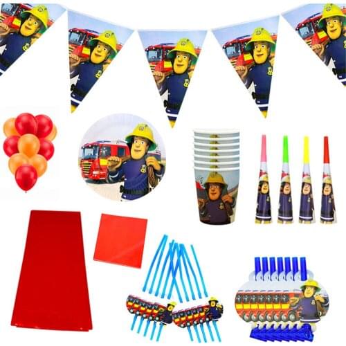 Fireman Sam Theme Disposable Tableware Fireman Sam Birthday Party Decorations Disposable Plates Napkins Cups Banners