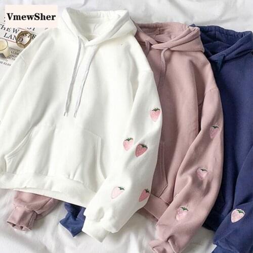 VmewSher New Strawberry Embroidery Women Fleece Hoodie Sweatshirts Winter Harajuku Fashion Pullovers Warm Pocket Hooded Jacket