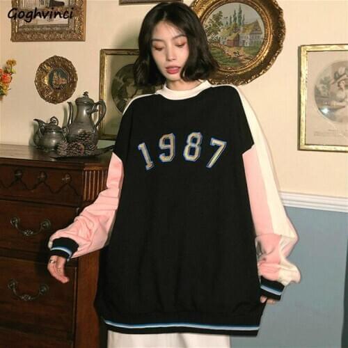 Hoodies Women Patchwork Crew Neck Long Sleeve Pullovers Korean Style Popular Hip Hop Design Vintage Loose New Casual All-match