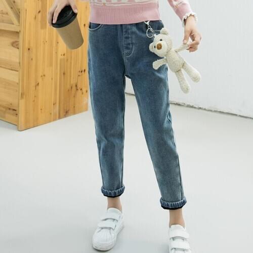 Girls' Slim-Fit Stretch Jeans 2020 Winter Fleece-Lined Thickened Long Pants Childrens Clothing Girls' Single-Layer Fleece-Lined