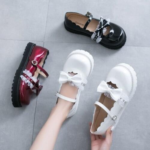 Japanese sweet mary jane lolita shoes white red bow Harajuku women cute shoes korean shoes round head kawaii shoes students
