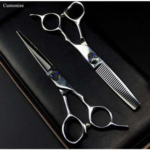 Customize logo japan steel 6 inch blue Skull hair salon scissors case cutting barber makas Thinning shears hairdressing scissors