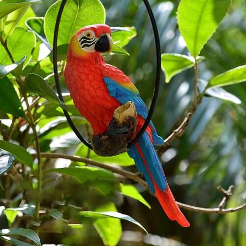Vivid Hanging Parrot Statue Perch On Metal Ring Birds Model Lawn Garden Sculptures Ornament Decoration
