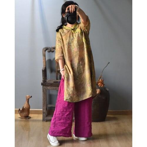 Women Loose Printed Ramie Shirts Tops Female Vintage Plus Size Long Blouse Female 2020 Ramie Tops Shirt