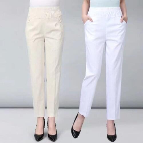 Womens Trousers Plus size Autumn Elastic waist Mother Loose Cotton Straight Leg pants Solid Female Casual Ankle length pants