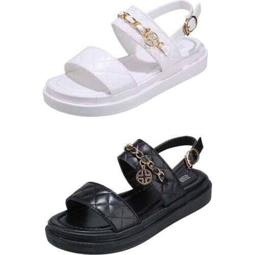New Sandals for 2021 Women Summer Muffin Thick Base Athletic Roman Flats with Metal Decoration Shoes Women PU Grid Sandals A024