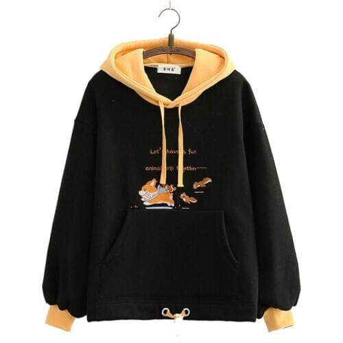 Preppy Style Patchwork Plus Velvet Sweatshirt Women Winter New Dog Embroidery Loose Warm Hoodies Girl Casual Pullovers 2010063