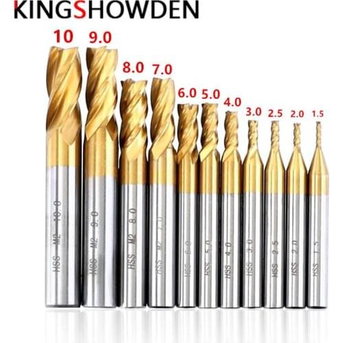 11PCS 1.5-10mm HSS Titanium Coated 4 Flute Spiral Bit End Mill Cutter CNC Drill Bit Milling Cutter Set For Wood Steel Cutting