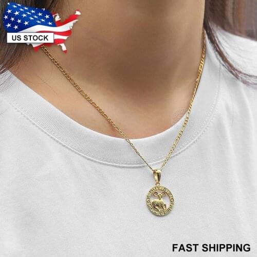12 Zodiac Sign Constellation Aries Pendant Necklace For Womens Men Gold Filled Round Shaped Jewelry Choker Figaro Chain LGP357B2