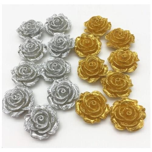 20pcs 20mm Silver/Gold Resin Rose Flower Flatbacks Cabochons Embellishments DIY Phone Decorations Scrapbook Crafts Cardmaking