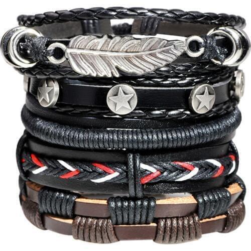 5Pcs/set Fashion Alloy Star Feather Bracelet Set For Men Women Handmade Weave Rope Leather Bracelets Bangles Jewelry Gift