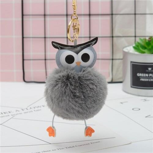 Cute Pompom Owl Keychain pom pom Key Chain Rabbit Fur Ball pompon Porte Clef Fluffy Leather Key Ring accessories Jewelry