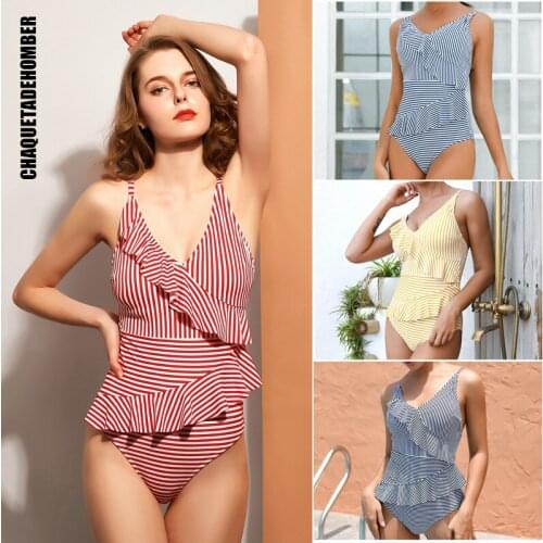 One Piece Swimsuit Women Striped Ruffle Swimwear Female Push Up Bather Bathing Suit Swim 2021 Sexy Lady Beachwear Monkini