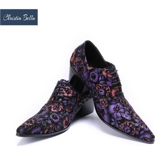 Christia Bella Mens Fashion Floral Lace-Up Dress Shoes Brand Designer 6cm Elevator Shoes for Men Purple Wedding Dress Shoes