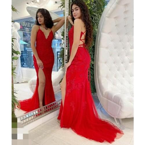 Elegant Spaghetti Long Red Mermaid Lace Evening Dresses with Slit Floor Length Criss Cross Back Formal Party Dresses for Women