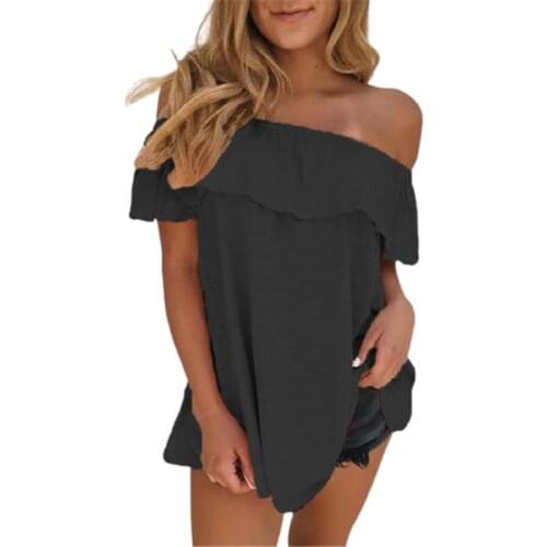 Fashion Women One-Line Collar Top Short Sleeve T-shirt Summer Oversize Ladies Casual Loose Tee Plus Size Ruffle Female Clothing
