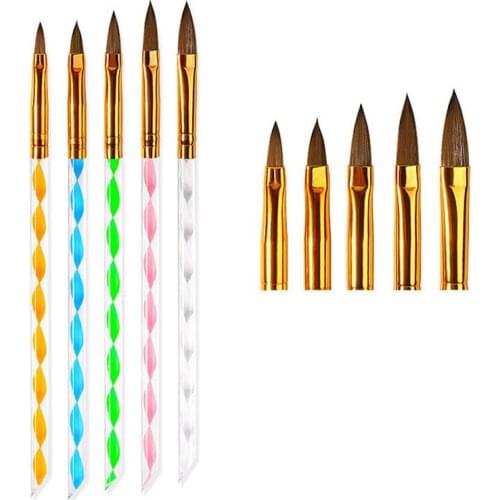 5PCS Nail Art Brush Tools Acrylic Nail Brush with Spiral Glitter Handle Nylon Bristle Nail Painting Dotting Pen For UV Nail Gel