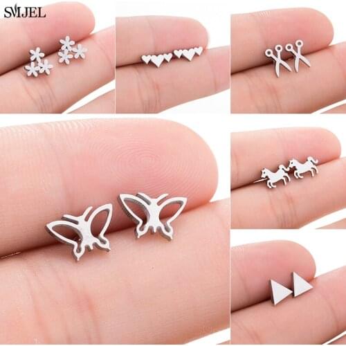 Korean Cute Animal Earrings 2021 Trend Stainless Steel Horse Butterfly Flower Heart Scissors Earring Piercing Christmas Gift