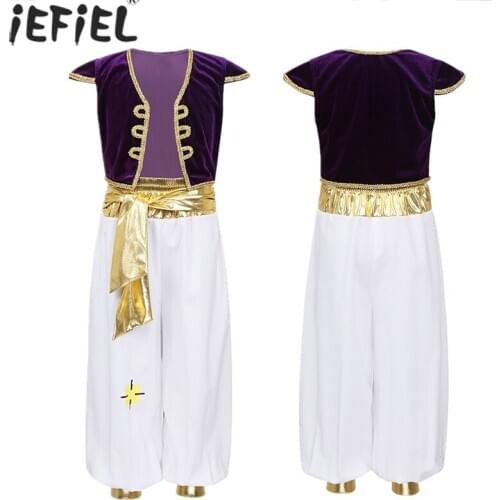 Kids Boys Fancy Arabian Prince Costumes Outfit Cap Sleeveless Waistcoat with Pants for Halloween Cosplay Fairy Parties Dress Up
