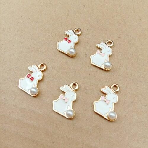 10pcs 13x18mm Metal enamel pearl bead rabbit bunny charms for Bracelet pendant Alloy earring Jewelry making Accessories ornament