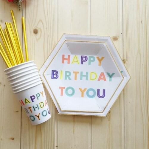 8 piece happy birthday disposable tableware set paper plate straw cup wedding birthday decoration baby shower party supplies
